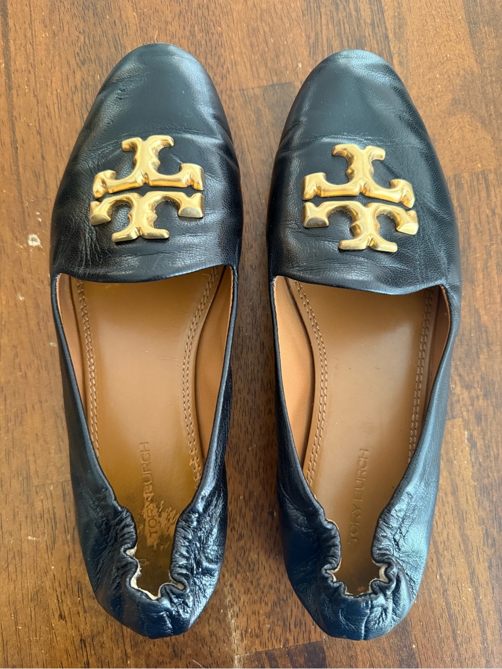 Tory Burch Black Leather Ballet Flats with Gold Logo Emblem